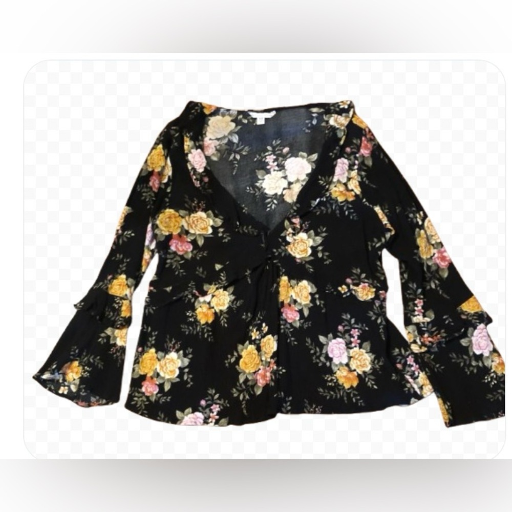 American Eagle Women’s Top Sz L Black Floral Boho, Festival Ruffle
